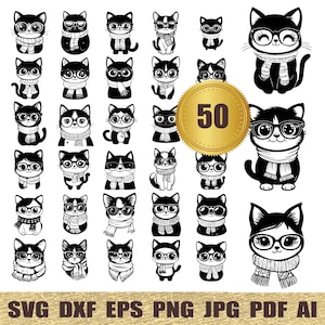50 Cats with Glasses and Scarf svg, dxf, eps, ai, pdf, jpg, png Cute Kitten Silhouettes Cut File printable vectors instant download