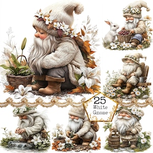 Ensemble de cliparts JPEG nain blanc à usage commercial nain de jardin fleurs printanières blanches téléchargement immédiat artisanat en papier journal indésirable Scrapbooking