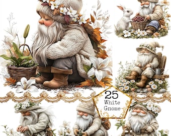 Paquete de imágenes prediseñadas de gnomo blanco JPEG para uso comercial, gnomo de jardín, flores blancas de primavera, descarga instantánea, manualidades de papel, diario basura, álbumes de recortes
