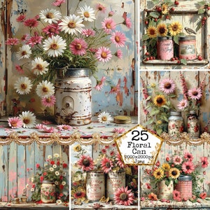 JPEG Shabby Chic Retro Latas e Flores Clipart Pacote Aquarela de alta qualidade JPGs Download instantâneo Papel Artesanato Junk Journal Scrapbooking