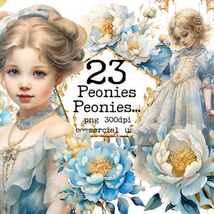 Pacchetto di clipart per bambine e peonie vittoriane dell'acquerello, PNG digitale, creazione di biglietti, album di ritagli, mestieri di carta del diario spazzatura, scrapbooking,