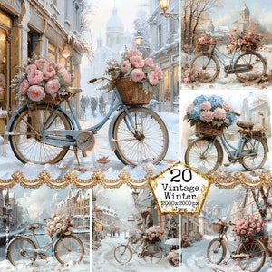 Fahrrad mit Korb voller Winterblumen Clipart Bundle Kommerzielle Nutzung JPEG Sofortiger Download Papier Handwerk Junk Journal Scrapbooking