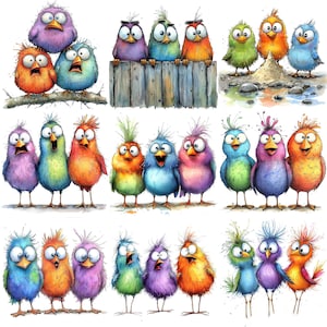 a group of colorful birds sitting on top of a wooden fence