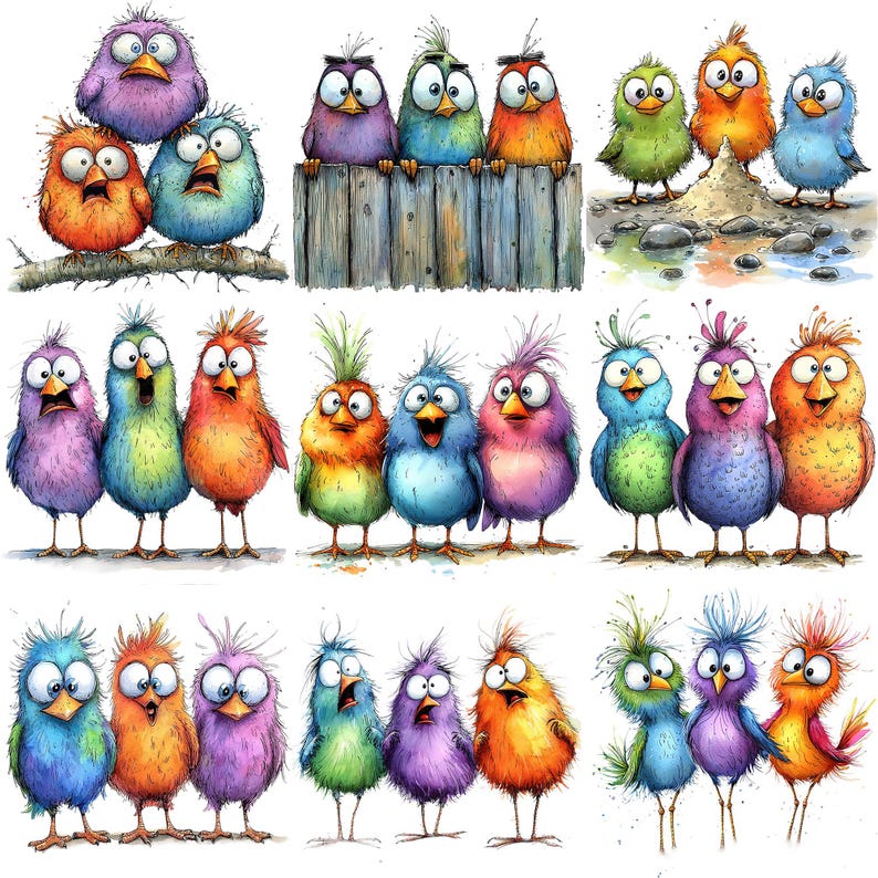 a group of colorful birds sitting on top of a wooden fence