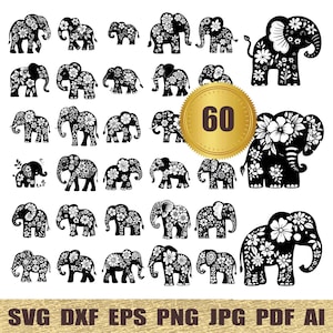 May include: A set of 60 black and white elephant silhouette SVG cut files. Each elephant is decorated with floral patterns. The elephants are in various poses and sizes.