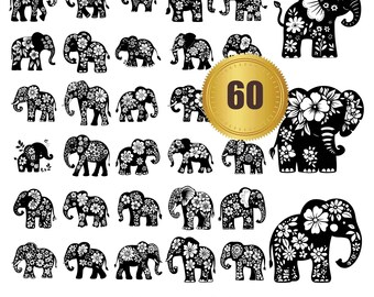 60 bloemen olifant svg, dxf, eps, ai, pdf, jpg, png olifant silhouetten gesneden bestand afdrukbare vectoren commercieel gebruik direct downloaden
