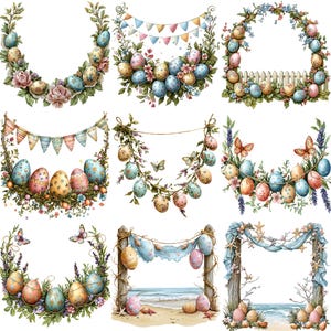PNG + JPEG Watercolor Vintage Easter Garland Clipart Bundle Easter Egg ...