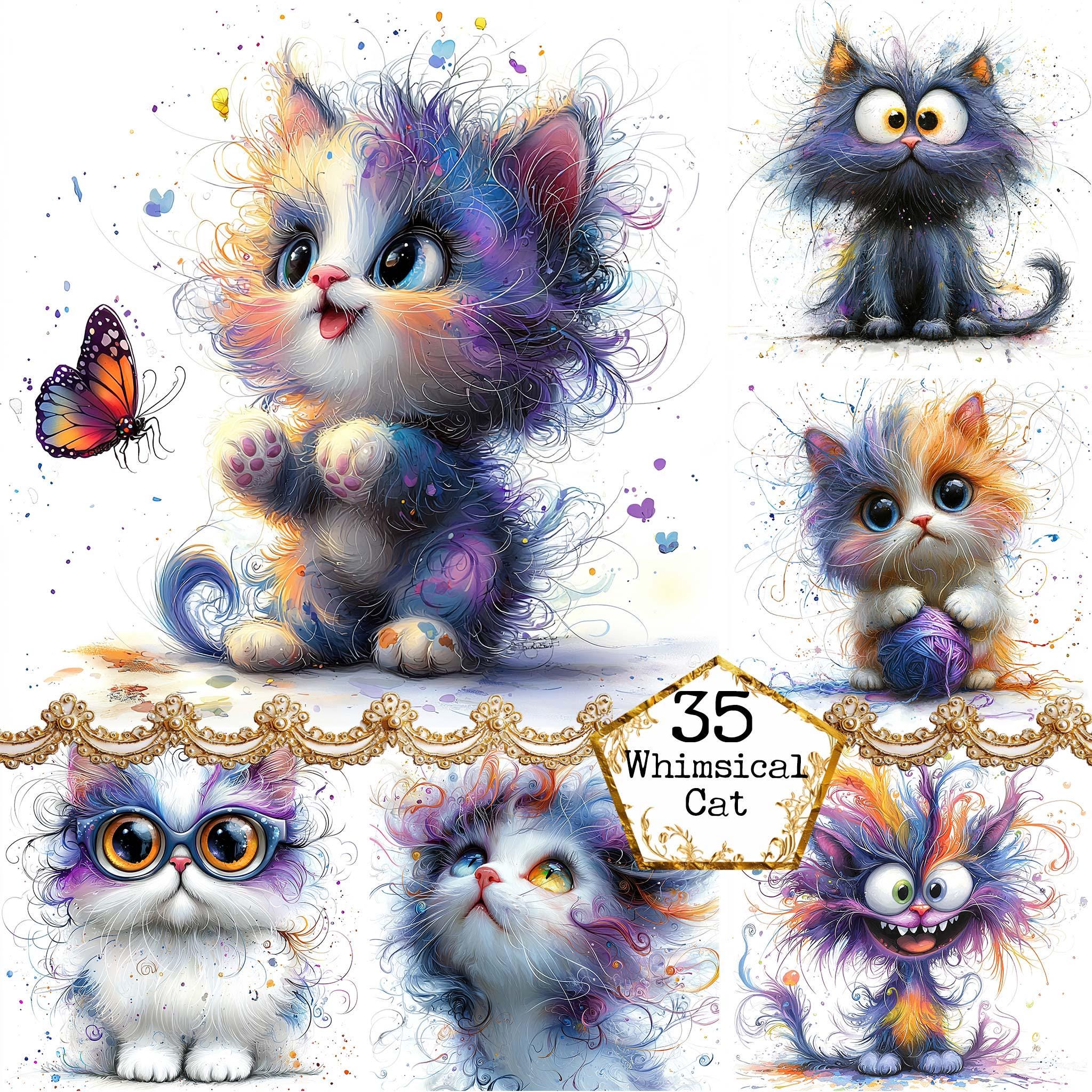 JPEG Hairy Funny Cats Clipart Bundle Artsy Cat Whimsical Cats Animal Clipart Pet Instant Download Paper Crafts Junk Journal Scrapbooking
