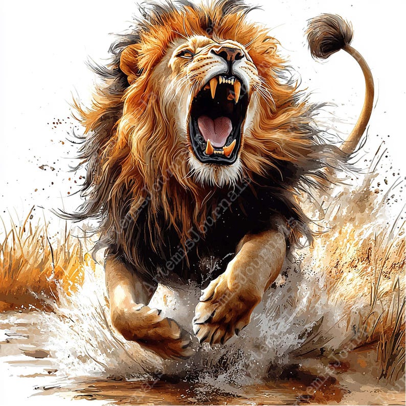May include: A roaring lion with a mane of brown and gold fur leaps through a splash of water. The lion's mouth is open wide, showing its sharp teeth. The background is a blur of brown and gold.