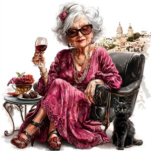 JPEG Watercolor Elderly Lady Having Red Wine Clipart Bundle Celebrating ...