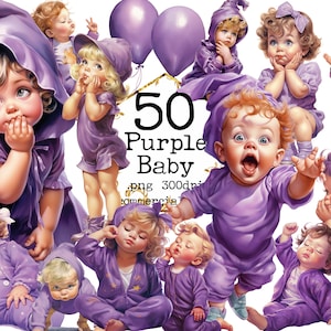 Paquete de imágenes prediseñadas para bebés, PNG transparente, niño pequeño, bebé morado, cochecito, álbum de recortes, diario basura, scrapbooking de manualidades de papel, uso comercial