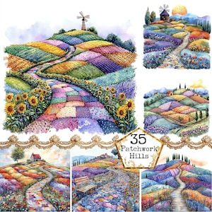 Pacote de clipart de campos de patchwork em aquarela JPEG, clipart de paisagem caprichosa, download instantâneo de fantasia, artesanato em papel, diário de sucata, scrapbooking