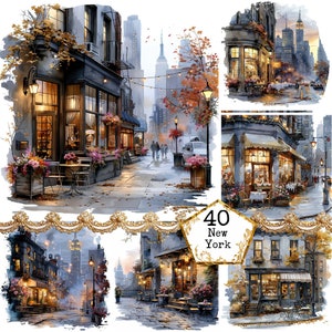 JPEG Noche en la ciudad de Nueva York Clipart JPEG Acuarela Ciudad Clipart Paquete Destino Descarga instantánea Artesanías de papel Diario basura Scrapbooking