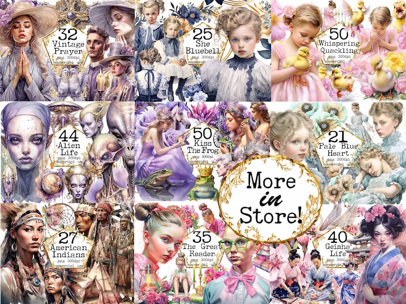 May include: A collection of digital art prints featuring various themes, including vintage prayer, alien life, American Indians, geisha life, and more. Each print is 300 dpi and available for commercial use. The prints are displayed in a collage format with text overlays indicating the theme and price.