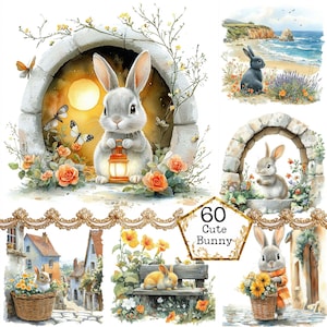 JPEG BIG aquarelle lapin mignon Clipart Bundle Lapin printanier Lapin floral Lapin drôle Téléchargement instantané Paper Craft Junk Journal Scrapbooking