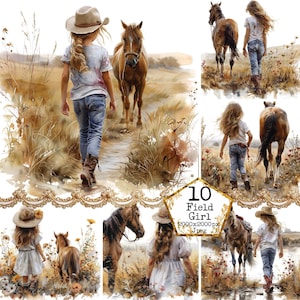 Aquarell Mädchen und Pferd auf dem Feld JPEG Natur Clipart Cowboy Boots Sommer Clipart Sofortiger Download Papier Handwerk Junk Journal Scrapbooking