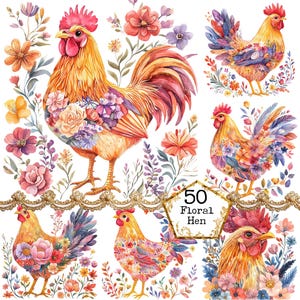 PNG + JPEG Watercolor Floral Rooster Clipart Bundle Folk Art Rooster Clipart Spring Instant Download Paper Crafts Junk Journal Scrapbooking