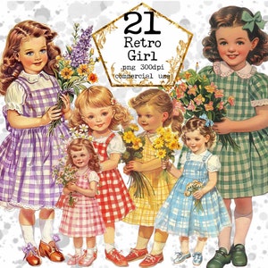 Retro Spring Girl Clipart Bundle Floral Girl Cute Little Child PNG Uso commerciale Download immediato Paper Crafts Junk Journal Scrapbooking