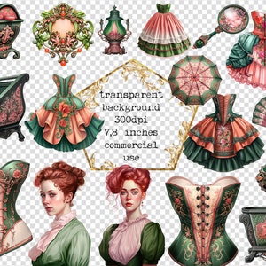 May include: A collection of vintage-inspired digital clipart featuring a variety of items, including a green and gold corset, a green and gold vanity set, a green and gold fan, a green and gold umbrella, a green and gold dress, a green and gold hat, a green and gold mirror, a green and gold lamp, and a green and gold floral design. The clipart is perfect for adding a touch of vintage charm to your digital projects.