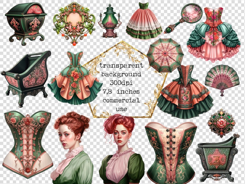 May include: A collection of vintage-inspired digital clipart featuring a variety of items, including a green and gold corset, a green and gold vanity set, a green and gold fan, a green and gold umbrella, a green and gold dress, a green and gold hat, a green and gold mirror, a green and gold lamp, and a green and gold floral design. The clipart is perfect for adding a touch of vintage charm to your digital projects.