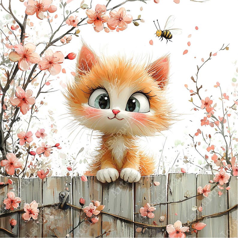 a painting of a cat sitting on a fence