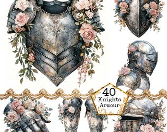 JPEG aquarel bloemen ridders pantser clipart bundel middeleeuwse ridder middeleeuwse kunst Instant Download papier ambachten ongewenste dagboek scrapbooking
