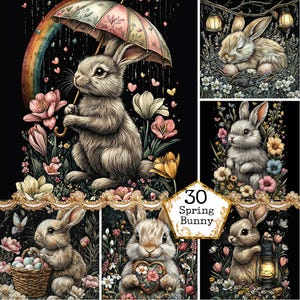 JPEG aquarelle printemps vintage lapin Clipart Bundle Clipart lapin mignon fleur de printemps Téléchargement instantané Paper Craft Junk Journal Scrapbooking