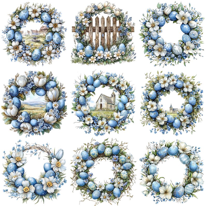 PNG + JPEG Watercolor Easter Wreath Clipart Bundle Easter Egg Spring ...