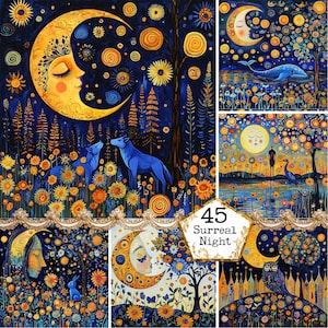 Ilustraciones primitivas de la noche surrealista en formato JPEG, bosque mágico, luna, noche, clipart, descarga instantánea, manualidades de papel, diario basura, álbumes de recortes