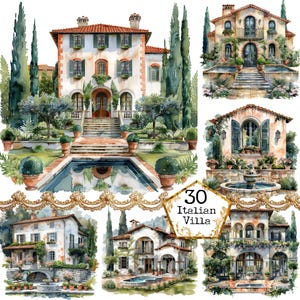 Old Italian Villa House Clipart Bundle Watercolor Building JPG Architecture Art, JPEG Instant Download Paper Craft Junk Journal Scrapbooking
