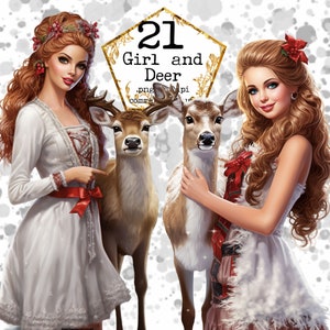 Ensemble de cliparts Reine de l'hiver et chevreuil PNG Blanche-Neige et Rudolf PNG à usage commercial Téléchargement instantané Artisanat en papier Journal indésirable Scrapbooking