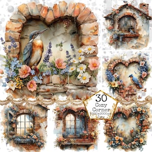 Janela de tijolo aquarela clipart pacote PNG janela antiga janela vintage janela aconchegante papel artesanato lixo diário scrapbooking download digital