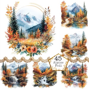 JPEG Watercolor Autumn Mountain Clipart Bundle Fall Mountain Scenery Clipart Instant Download Paper Crafts Junk Journal Scrapbooking