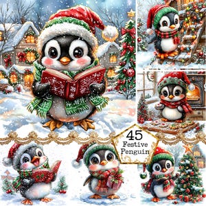 Paquete de imágenes prediseñadas de pingüinos navideños de invierno con acuarela JPEG, luz navideña de cabaña, descarga instantánea, manualidades de papel, diario basura, álbumes de recortes