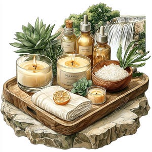 May include: A wooden tray with spa items, including two candles, a bowl of bath salts, a small succulent, a lemon slice, a white towel, and four bottles of essential oils. The tray is sitting on a rock with a waterfall in the background.