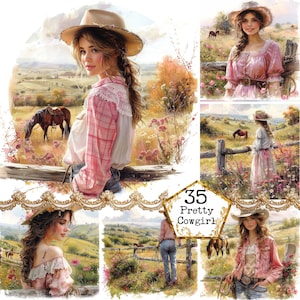 JPG Cowgirl acquerello su un campo JPEG Cavallo Clipart Paesaggio Immagini Uso commerciale Download immediato Artigianato di carta Junk Journal Scrapbooking