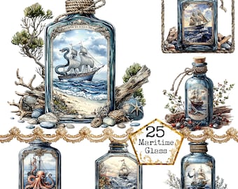 May include: Set of 25 digital illustrations of vintage glass bottles with nautical themes. The bottles are filled with sea creatures, ships, and other maritime imagery. The bottles are blue and green with gold accents. The text on the bottle reads "GENTE SLADDA PHA".