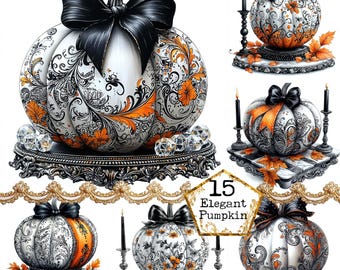 JPEG Elegant Pumpkin Clipart Floral Pumpkin with Bow Halloween Clipart Commercial Use Instant Download Paper Craft Junk Journal Scrapbooking