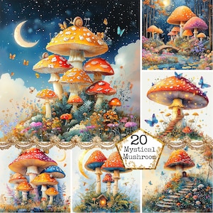 Aquarelle de champignons JPEG par nuit Graphiques Images de champignons magiques Forêt magique Téléchargement instantané Papier Artisanat indésirable Journal Scrapbooking