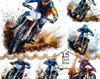 May include: A set of 15 watercolor illustrations of dirt bikes with riders in various poses. The bikes are all different colors and have different designs. The riders are wearing helmets and racing gear. The illustrations are set against a white background with splashes of brown and blue paint.