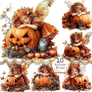 Pacote de clipart de fada de abóbora em aquarela JPEG Fada de outono Clipart de fada de outono Download instantâneo Artesanato em papel Diário de sucata Scrapbooking