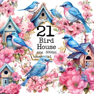 PNG Aquarela Birdhouse Clipart Pacote Pássaro Clipart Floral Pássaro Clipart Papel Artesanato Scrapbook Junk Journal