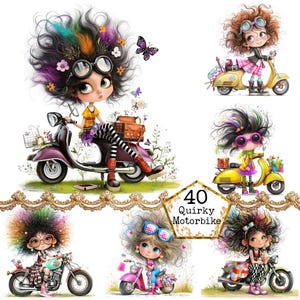 Pacote de clipart de garota peculiar em motocicleta JPEG, garota fashion de motocicleta caprichosa, download instantâneo engraçado, artesanato em papel, diário de sucata, scrapbooking