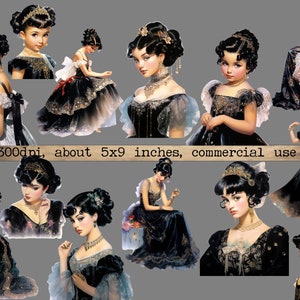 May include: A digital collage of ten images featuring women in various poses wearing black and gold gowns. The women have dark hair and are wearing jewelry. The images are set against a gray background. 300dpi, about 5x9 inches, commercial use.