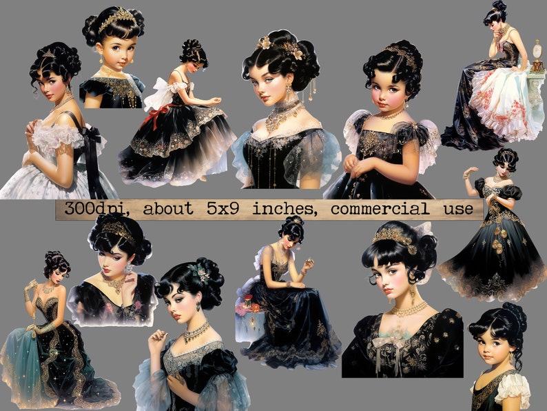 May include: A digital collage of ten images featuring women in various poses wearing black and gold gowns. The women have dark hair and are wearing jewelry. The images are set against a gray background. 300dpi, about 5x9 inches, commercial use.