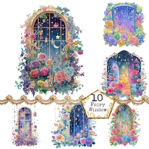 May include: Ten fairy window illustrations with a whimsical theme. Each window is surrounded by colourful flowers and vines. The windows are decorated with stars, moons, and other celestial elements. The windows are set against a white background.