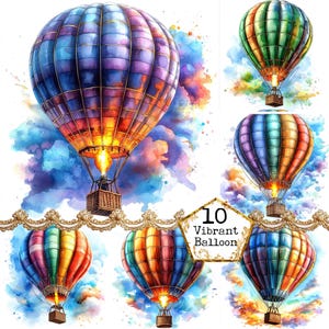 Ensemble de cliparts aquarelle montgolfière volante, utilisation commerciale victorienne, téléchargement immédiat, travaux manuels en papier, journal indésirable, scrapbooking