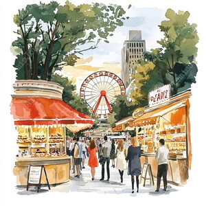 a watercolor painting of people walking around a market