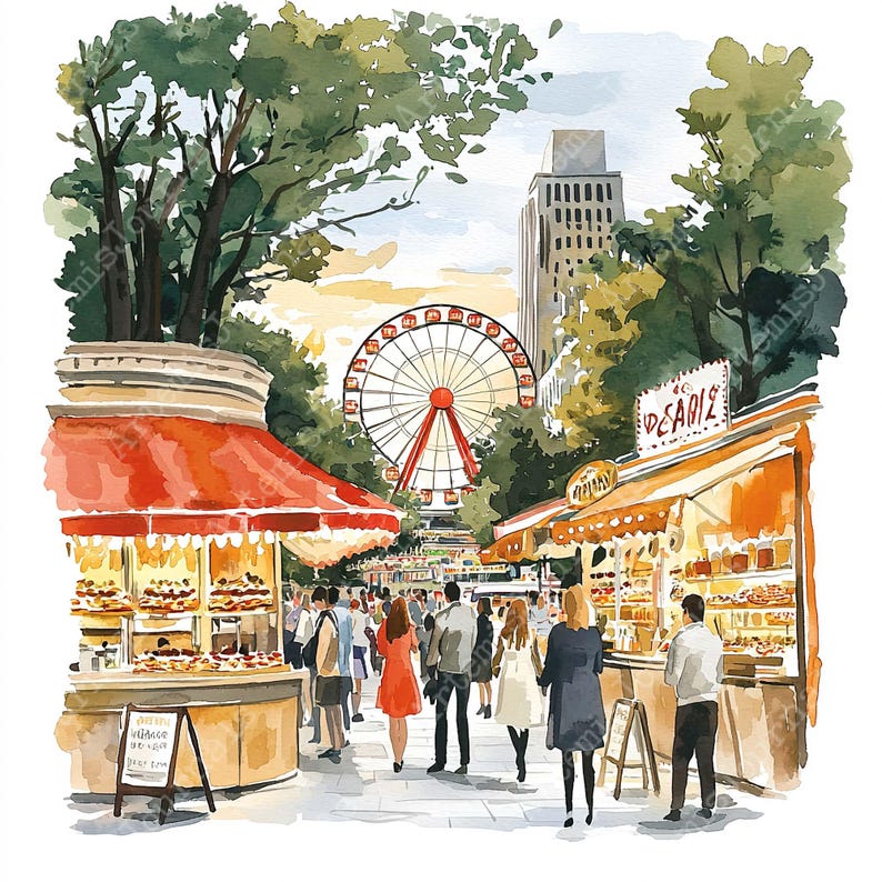 a watercolor painting of people walking around a market