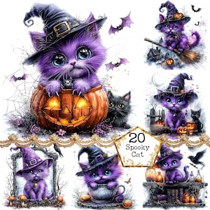 JPEG violet Halloween chat graphiques chapeau de sorcière chat Clipart Bundle usage commercial téléchargement immédiat papier artisanat indésirable journal Scrapbooking